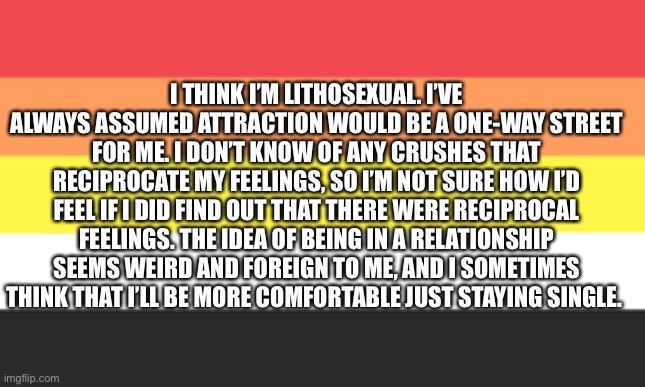I’m lithosexual! | I THINK I’M LITHOSEXUAL. I’VE ALWAYS ASSUMED ATTRACTION WOULD BE A ONE-WAY STREET FOR ME. I DON’T KNOW OF ANY CRUSHES THAT RECIPROCATE MY FEELINGS, SO I’M NOT SURE HOW I’D FEEL IF I DID FIND OUT THAT THERE WERE RECIPROCAL FEELINGS. THE IDEA OF BEING IN A RELATIONSHIP SEEMS WEIRD AND FOREIGN TO ME, AND I SOMETIMES THINK THAT I’LL BE MORE COMFORTABLE JUST STAYING SINGLE. | made w/ Imgflip meme maker