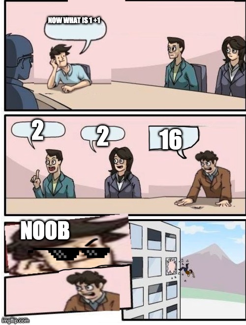 Boardroom Meeting Suggestion but the other guy is the boss | NOW WHAT IS 1 +1; 2; 2; 16; NOOB | image tagged in boardroom meeting suggestion but the other guy is the boss | made w/ Imgflip meme maker