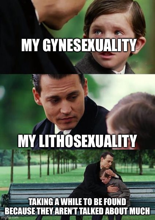 Finding Neverland |  MY GYNESEXUALITY; MY LITHOSEXUALITY; TAKING A WHILE TO BE FOUND BECAUSE THEY AREN’T TALKED ABOUT MUCH | image tagged in memes,finding neverland | made w/ Imgflip meme maker