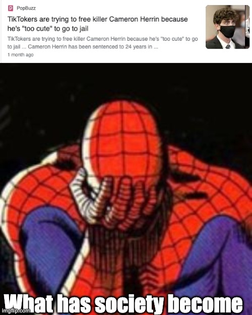 FREE A KILLER??!??!?!?! TIKTOK IS GOING TOO FAR! | What has society become | image tagged in memes,sad spiderman | made w/ Imgflip meme maker