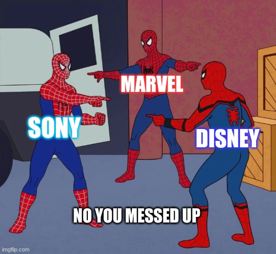 enjoy | MARVEL; SONY; DISNEY; NO YOU MESSED UP | image tagged in spider man triple | made w/ Imgflip meme maker