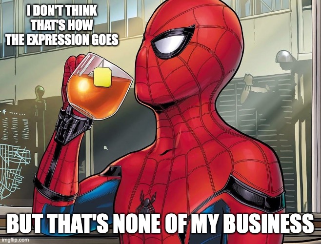 Spider-Man rea | I DON'T THINK THAT'S HOW THE EXPRESSION GOES BUT THAT'S NONE OF MY BUSINESS | image tagged in spider-man rea | made w/ Imgflip meme maker
