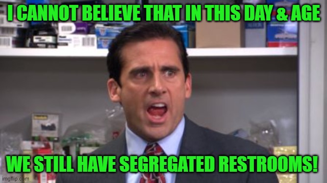 the office bankruptcy | I CANNOT BELIEVE THAT IN THIS DAY & AGE WE STILL HAVE SEGREGATED RESTROOMS! | image tagged in the office bankruptcy | made w/ Imgflip meme maker