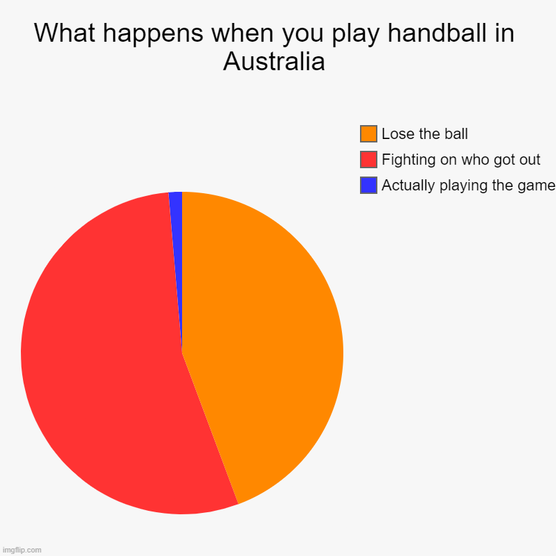 What happens when you play handball in Australia | Actually playing the game, Fighting on who got out, Lose the ball | image tagged in charts,pie charts,aussie,memes | made w/ Imgflip chart maker