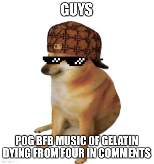 Epic cheems. | GUYS; POG BFB MUSIC OF GELATIN DYING FROM FOUR IN COMMENTS | image tagged in epic cheems | made w/ Imgflip meme maker