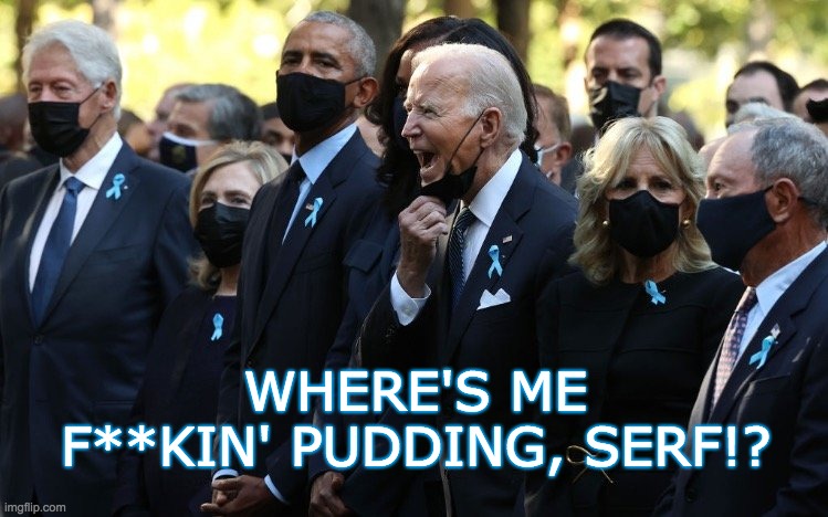 Where's Me Pudding!? | WHERE'S ME F**KIN' PUDDING, SERF!? | image tagged in biden,joe biden,potus,yelling,political meme,funny meme | made w/ Imgflip meme maker