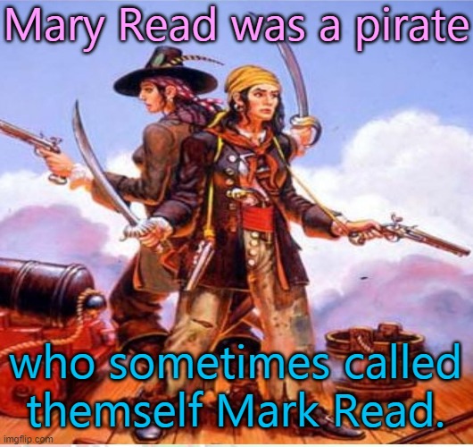 The woman in the hat is Anne Bonny, who may have been Read's lover. | Mary Read was a pirate; who sometimes called themself Mark Read. | image tagged in anne bonny mary read,gender fluid,historical meme | made w/ Imgflip meme maker
