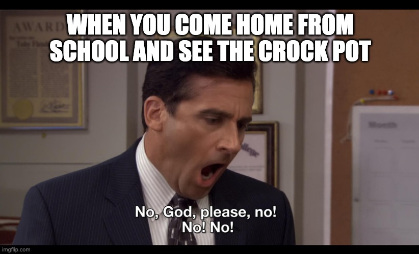 Memory Unlocked | WHEN YOU COME HOME FROM SCHOOL AND SEE THE CROCK POT | image tagged in no god please no | made w/ Imgflip meme maker