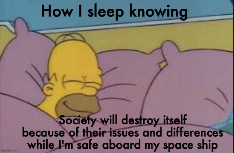 Society go reeeeeee |  How I sleep knowing; Society will destroy itself because of their issues and differences while I'm safe aboard my space ship | image tagged in how i sleep homer simpson | made w/ Imgflip meme maker