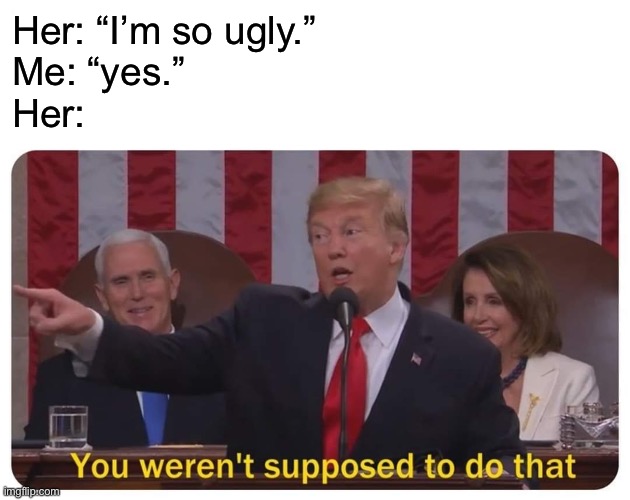 You weren't supposed to do that | Her: “I’m so ugly.”
Me: “yes.”
Her: | image tagged in you weren't supposed to do that | made w/ Imgflip meme maker