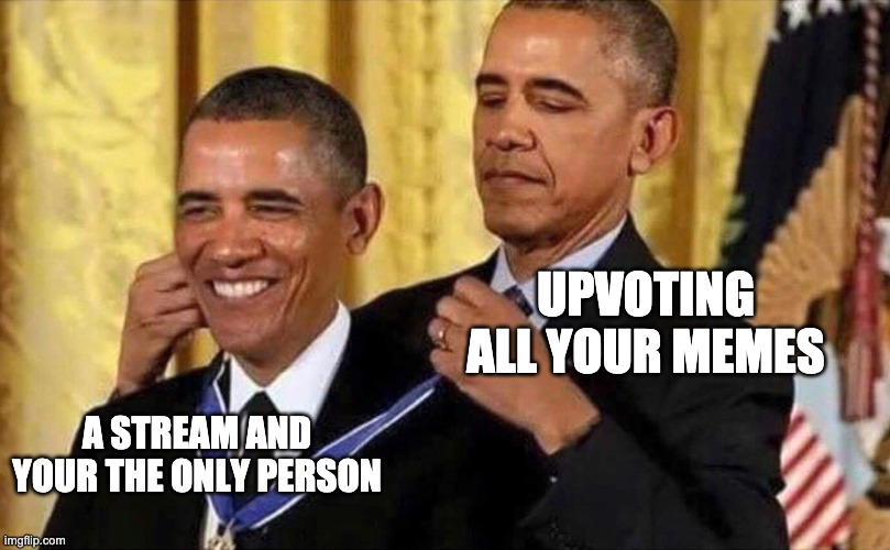 obama medal | UPVOTING ALL YOUR MEMES; A STREAM AND YOUR THE ONLY PERSON | image tagged in obama medal | made w/ Imgflip meme maker