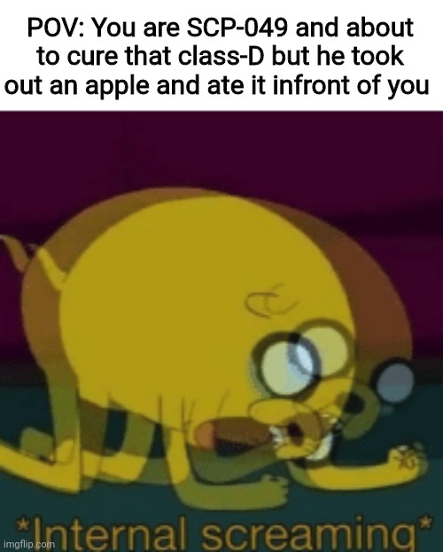 Or he ate SCP-500 | POV: You are SCP-049 and about to cure that class-D but he took out an apple and ate it infront of you | image tagged in jake the dog internal screaming | made w/ Imgflip meme maker