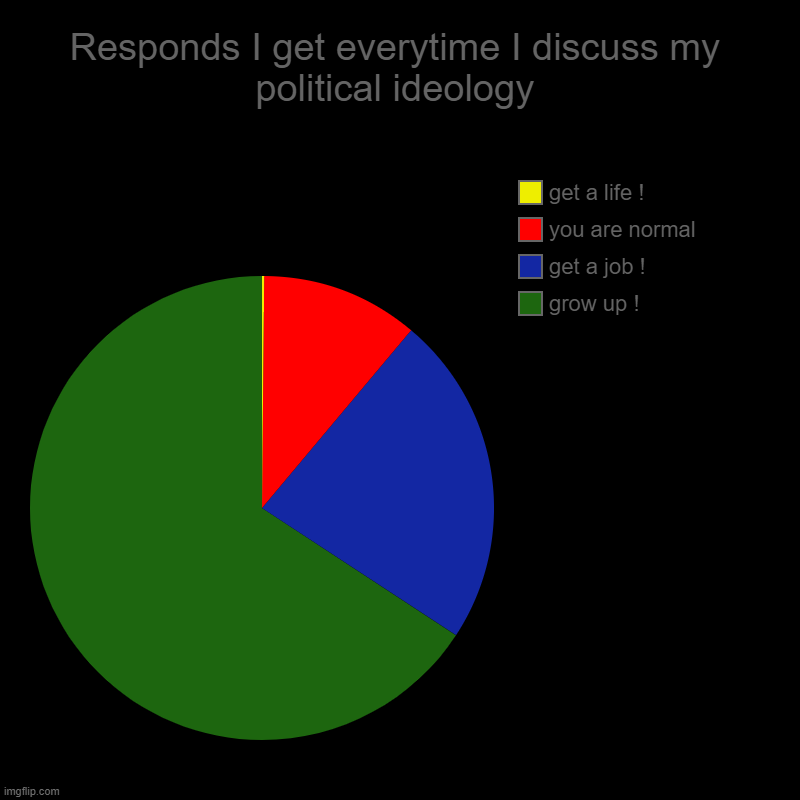?? | Responds I get everytime I discuss my political ideology | grow up !, get a job !, you are normal , get a life ! | image tagged in charts,pie charts | made w/ Imgflip chart maker