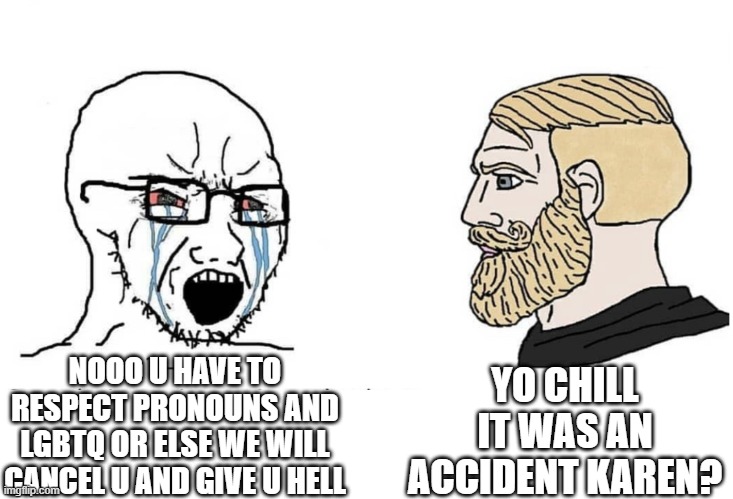 Soyboy Vs Yes Chad | YO CHILL IT WAS AN ACCIDENT KAREN? NOOO U HAVE TO RESPECT PRONOUNS AND LGBTQ OR ELSE WE WILL CANCEL U AND GIVE U HELL | image tagged in soyboy vs yes chad,2021,shitgen,meme,relatable,lgbtq | made w/ Imgflip meme maker