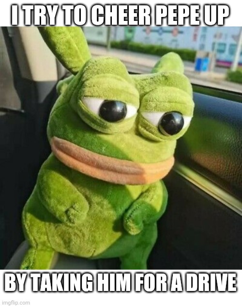 Sad Pepe | I TRY TO CHEER PEPE UP; BY TAKING HIM FOR A DRIVE | image tagged in sad pepe the frog,libtards | made w/ Imgflip meme maker