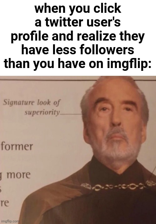 True story lol | when you click a twitter user's profile and realize they have less followers than you have on imgflip: | image tagged in signature look of superiority | made w/ Imgflip meme maker