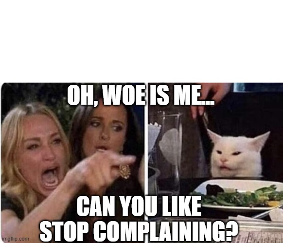 Stop Complaining | OH, WOE IS ME... CAN YOU LIKE STOP COMPLAINING? | image tagged in angry woman and cat | made w/ Imgflip meme maker