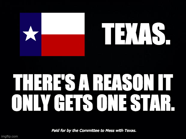 It's like that one weird cousin who's into masochistic fantasies. | TEXAS. THERE'S A REASON IT
ONLY GETS ONE STAR. Paid for by the Committee to Mess with Texas. | image tagged in memes,texas,the one star state,let's mess with texas,awful guy greg | made w/ Imgflip meme maker