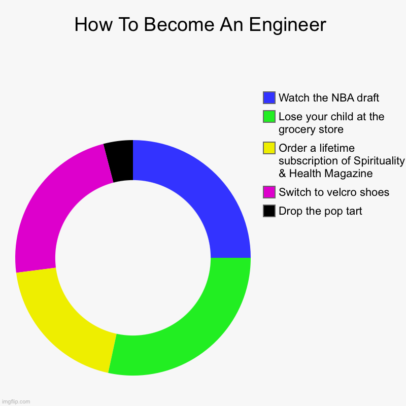 The Guide To Engineering | How To Become An Engineer | Drop the pop tart , Switch to velcro shoes, Order a lifetime subscription of Spirituality & Health Magazine, Los | image tagged in charts,donut charts,engineering | made w/ Imgflip chart maker