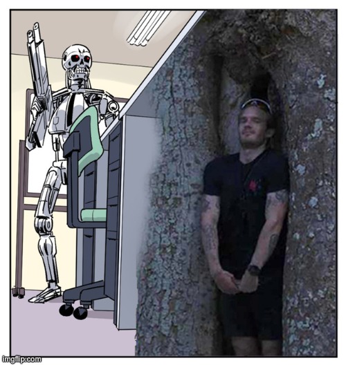 Link in comments | image tagged in pewdiepie hiding from robot terminator | made w/ Imgflip meme maker