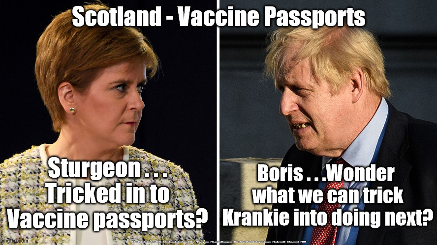 Sturgeon - Vaccine Passport | Scotland - Vaccine Passports; Sturgeon . . .
Tricked in to
Vaccine passports? Boris . . .Wonder 
what we can trick
Krankie into doing next? #Scottishelecton2021 #Scotlandelection2021 #Sturgeon #NicolaSturgeon #EU #ScottishIndependence #Indyref2 #Salmond #SNP | image tagged in nicola sturgeon boris johnson,scotland vaccine passport,sturgeon vaccine passport,sturgeon krankie,corona virus covid 19 | made w/ Imgflip meme maker