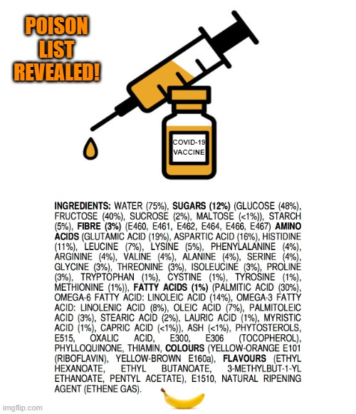 Some idiots will believe this. | POISON LIST
REVEALED! COVID-19
VACCINE | image tagged in covid-19,vaccines,it's a conspiracy | made w/ Imgflip meme maker