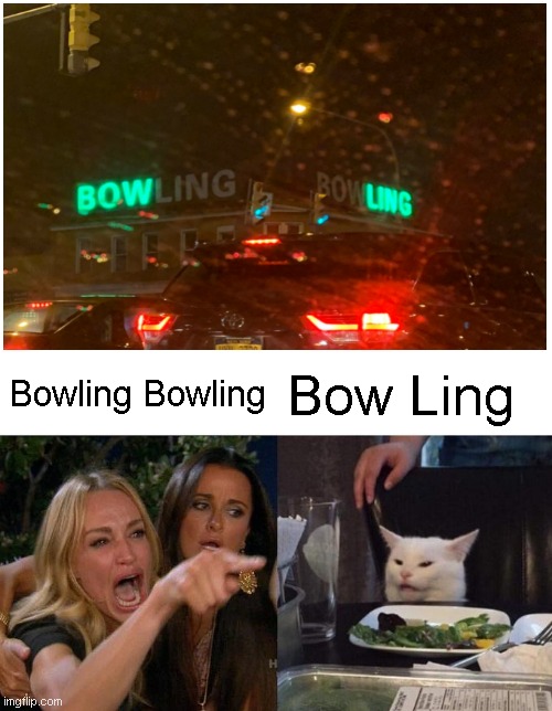 lol | Bowling Bowling; Bow Ling | image tagged in memes,woman yelling at cat | made w/ Imgflip meme maker