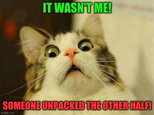 Scared Cat | IT WASN'T ME! SOMEONE UNPACKED THE OTHER HALF! | image tagged in memes,scared cat | made w/ Imgflip meme maker