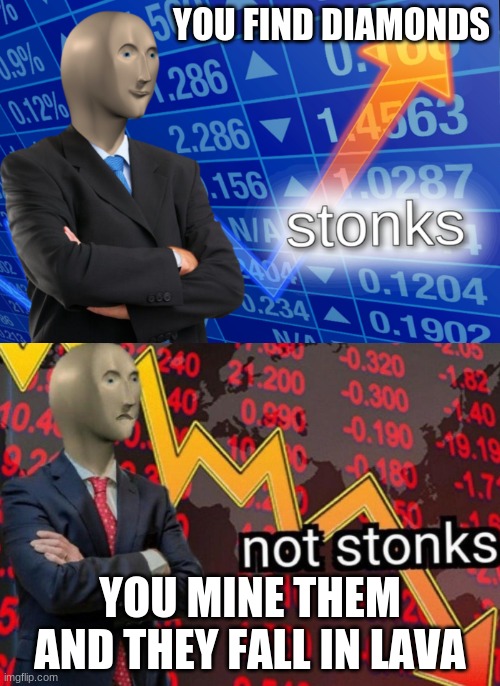 Stonks not stonks | YOU FIND DIAMONDS; YOU MINE THEM AND THEY FALL IN LAVA | image tagged in stonks not stonks,diamonds | made w/ Imgflip meme maker