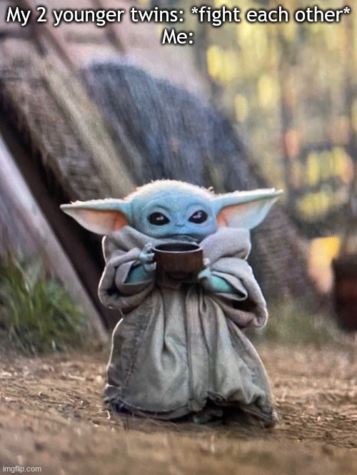 BABY YODA TEA | My 2 younger twins: *fight each other*
Me: | image tagged in baby yoda tea | made w/ Imgflip meme maker