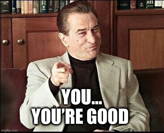 Robert De Niro | YOU…
YOU’RE GOOD | image tagged in robert de niro | made w/ Imgflip meme maker
