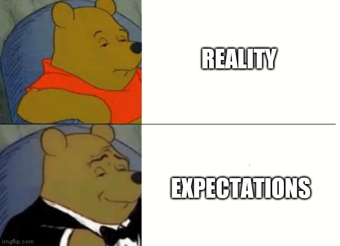 Fancy Winnie The Pooh Meme | REALITY; EXPECTATIONS | image tagged in fancy winnie the pooh meme,expectation vs reality | made w/ Imgflip meme maker