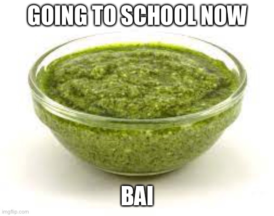 Basil pesto | GOING TO SCHOOL NOW; BAI | image tagged in basil pesto | made w/ Imgflip meme maker