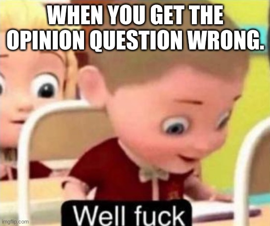i failed | WHEN YOU GET THE OPINION QUESTION WRONG. | image tagged in well f ck | made w/ Imgflip meme maker