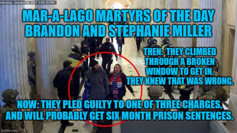 We're the Millers!  Criminals, doing time for the Tangerine Tyrant! | MAR-A-LAGO MARTYRS OF THE DAY
BRANDON AND STEPHANIE MILLER; THEN:  THEY CLIMBED THROUGH A BROKEN WINDOW TO GET IN. THEY KNEW THAT WAS WRONG. NOW: THEY PLED GUILTY TO ONE OF THREE CHARGES, AND WILL PROBABLY GET SIX MONTH PRISON SENTENCES. | image tagged in politics | made w/ Imgflip meme maker