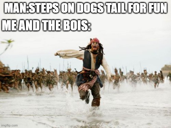 ):< | ME AND THE BOIS:; MAN:STEPS ON DOGS TAIL FOR FUN | image tagged in memes,jack sparrow being chased | made w/ Imgflip meme maker