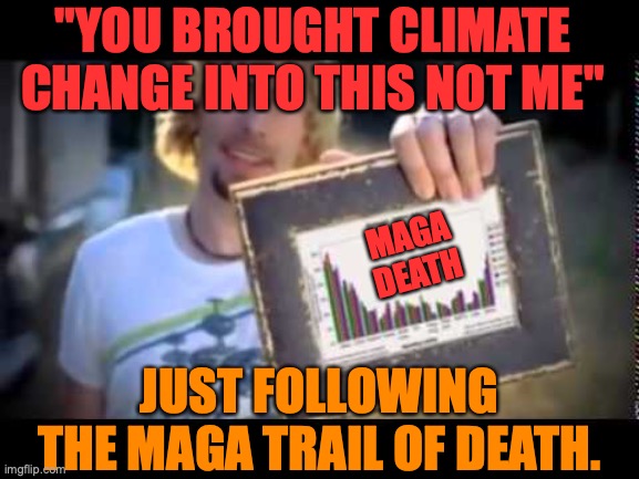 look at this graph | "YOU BROUGHT CLIMATE CHANGE INTO THIS NOT ME"; MAGA
DEATH; JUST FOLLOWING THE MAGA TRAIL OF DEATH. | image tagged in look at this graph | made w/ Imgflip meme maker