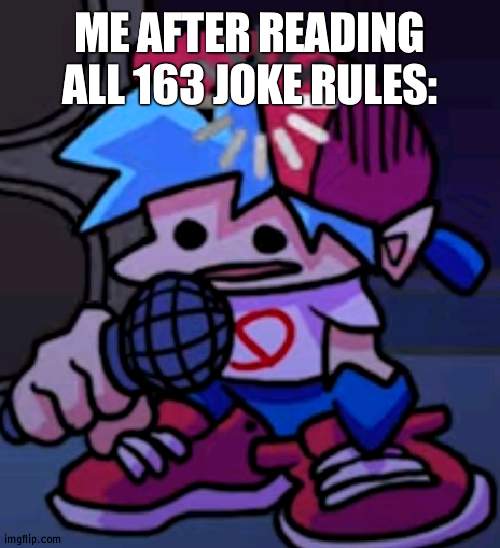 I am HIGHLY confused by them | ME AFTER READING ALL 163 JOKE RULES: | image tagged in loading boyfriend | made w/ Imgflip meme maker