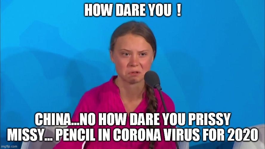 "How dare you?" - Greta Thunberg | HOW DARE YOU  ! CHINA...NO HOW DARE YOU PRISSY MISSY... PENCIL IN CORONA VIRUS FOR 2020 | image tagged in how dare you - greta thunberg,how dare you,made in china,real un interpretation | made w/ Imgflip meme maker