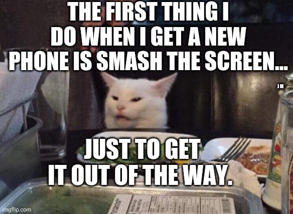 Salad cat | THE FIRST THING I DO WHEN I GET A NEW PHONE IS SMASH THE SCREEN... J M; JUST TO GET IT OUT OF THE WAY. | image tagged in salad cat | made w/ Imgflip meme maker