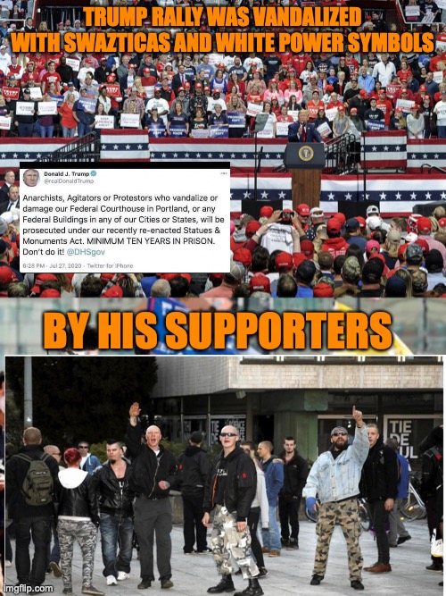 TRUMP RALLY WAS VANDALIZED WITH SWAZTICAS AND WHITE POWER SYMBOLS; BY HIS SUPPORTERS | image tagged in natural selection,typical trump voter | made w/ Imgflip meme maker