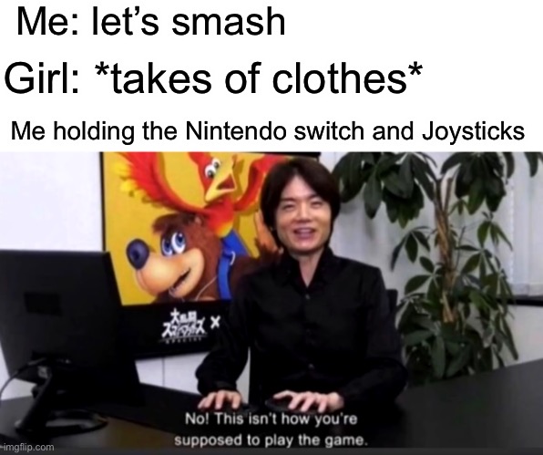 Disappointment 10000 | Me: let’s smash; Girl: *takes of clothes*; Me holding the Nintendo switch and Joysticks | image tagged in no this isn t how your supposed to play the game | made w/ Imgflip meme maker