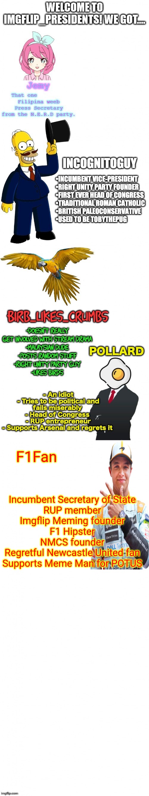 Current status: Smart idiot | Incumbent Secretary of State
RUP member
Imgflip Meming founder
F1 Hipster
NMCS founder
Regretful Newcastle United fan
Supports Meme Man for POTUS; F1Fan | made w/ Imgflip meme maker
