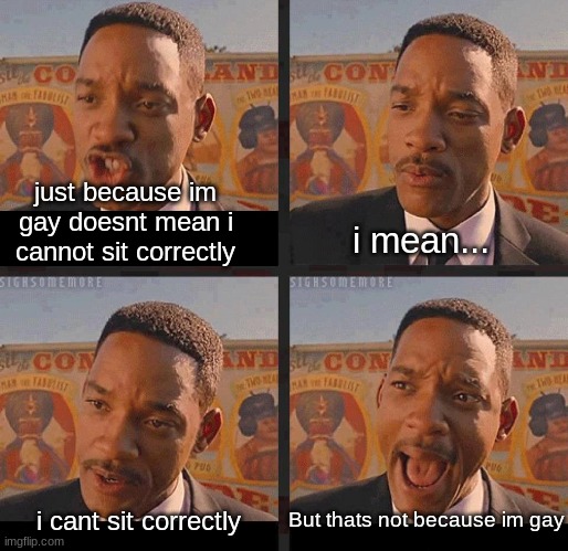 ahem | just because im gay doesnt mean i cannot sit correctly; i mean... i cant sit correctly; But thats not because im gay | image tagged in just because,gay | made w/ Imgflip meme maker