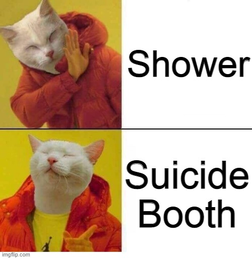 cat drake | Shower; Suicide Booth | image tagged in cat drake,cats,suicide,memes,dark humor,dark humour | made w/ Imgflip meme maker