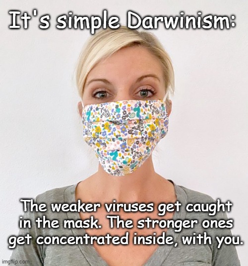 Darwinism |  It's simple Darwinism:; The weaker viruses get caught in the mask. The stronger ones get concentrated inside, with you. | image tagged in cloth face mask,virus | made w/ Imgflip meme maker