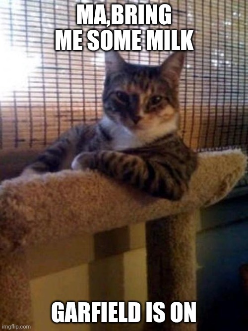 The Most Interesting Cat In The World Meme | MA,BRING ME SOME MILK; GARFIELD IS ON | image tagged in memes,the most interesting cat in the world | made w/ Imgflip meme maker