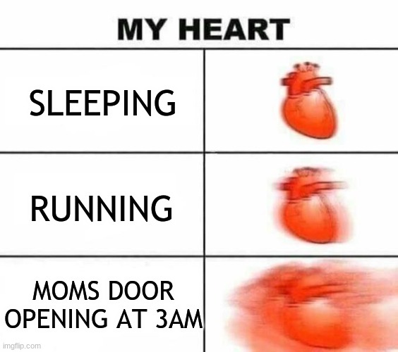 we've all been there when we sneaking at night | SLEEPING; RUNNING; MOMS DOOR OPENING AT 3AM | image tagged in my heart blank,sneaky,scary | made w/ Imgflip meme maker