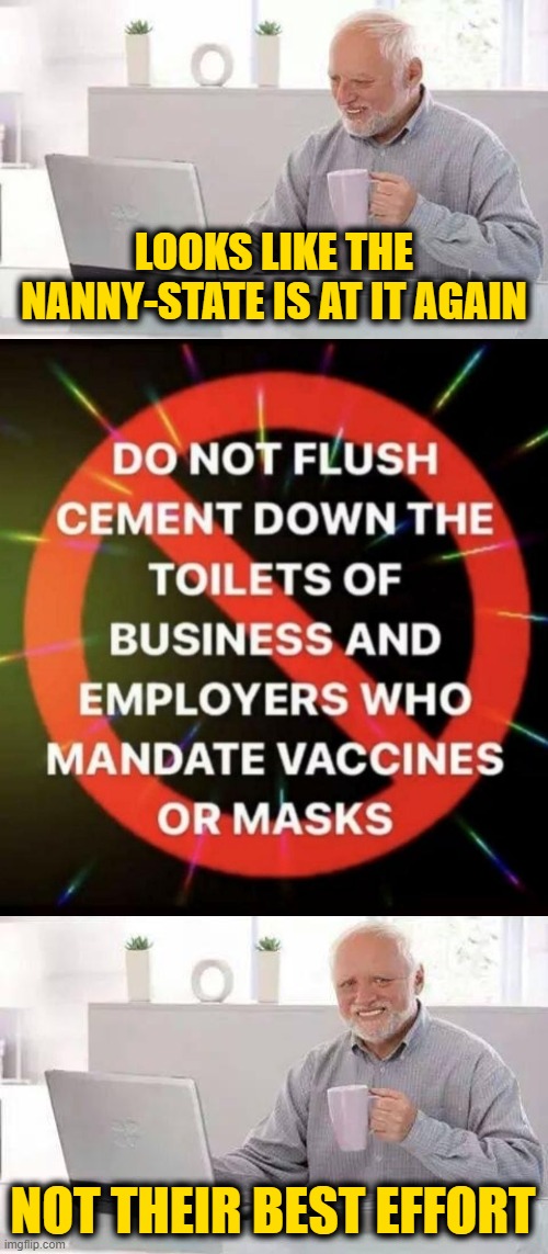 Don't be Juvenile, Patriots | LOOKS LIKE THE NANNY-STATE IS AT IT AGAIN; NOT THEIR BEST EFFORT | image tagged in memes,hide the pain harold | made w/ Imgflip meme maker