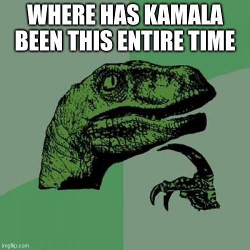 Philosoraptor Meme | WHERE HAS KAMALA BEEN THIS ENTIRE TIME | image tagged in memes,philosoraptor | made w/ Imgflip meme maker